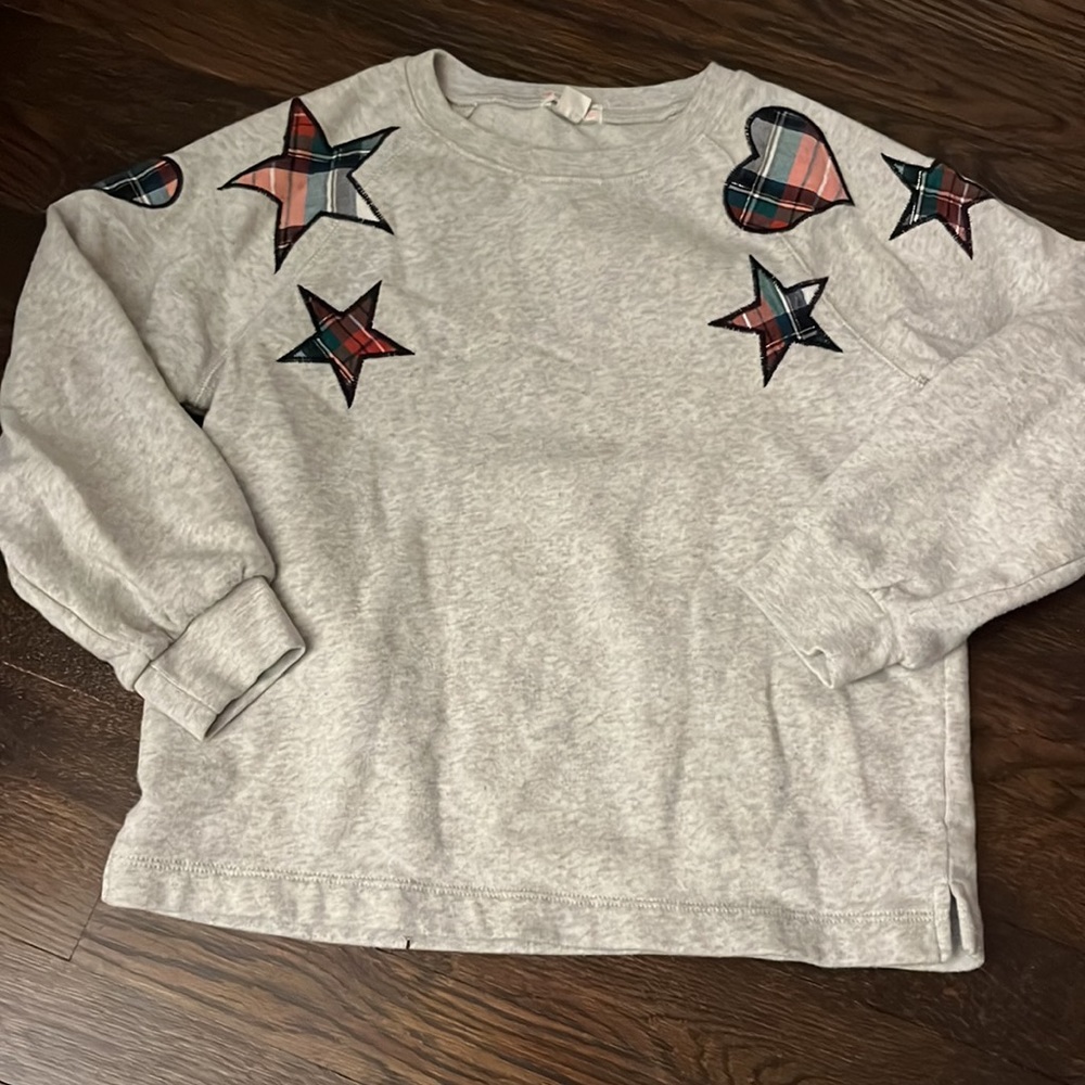 Crewcuts Light Grey Plaid Print Heart Star Applique Crew Neck Sweatshirt